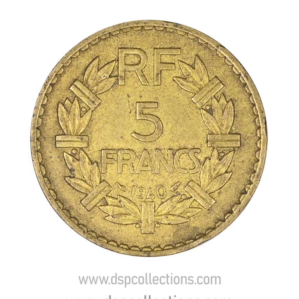 FRANCE, pièce de 5 Francs 1940, Lavrillier Bronze-Aluminium