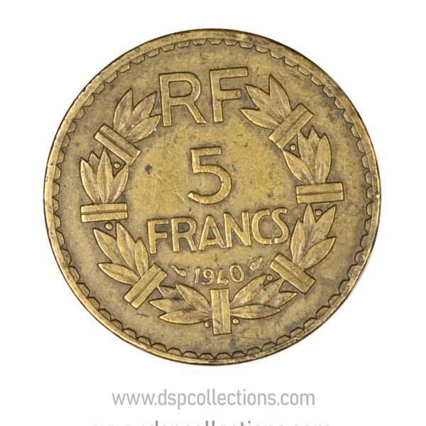 FRANCE, pièce de 5 Francs 1940, Lavrillier Bronze-Aluminium