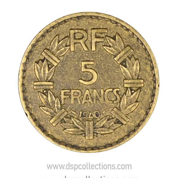 FRANCE, pièce de 5 Francs 1940, Lavrillier Bronze-Aluminium