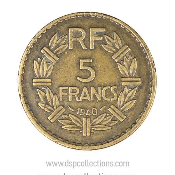 FRANCE, pièce de 5 Francs 1940, Lavrillier Bronze-Aluminium