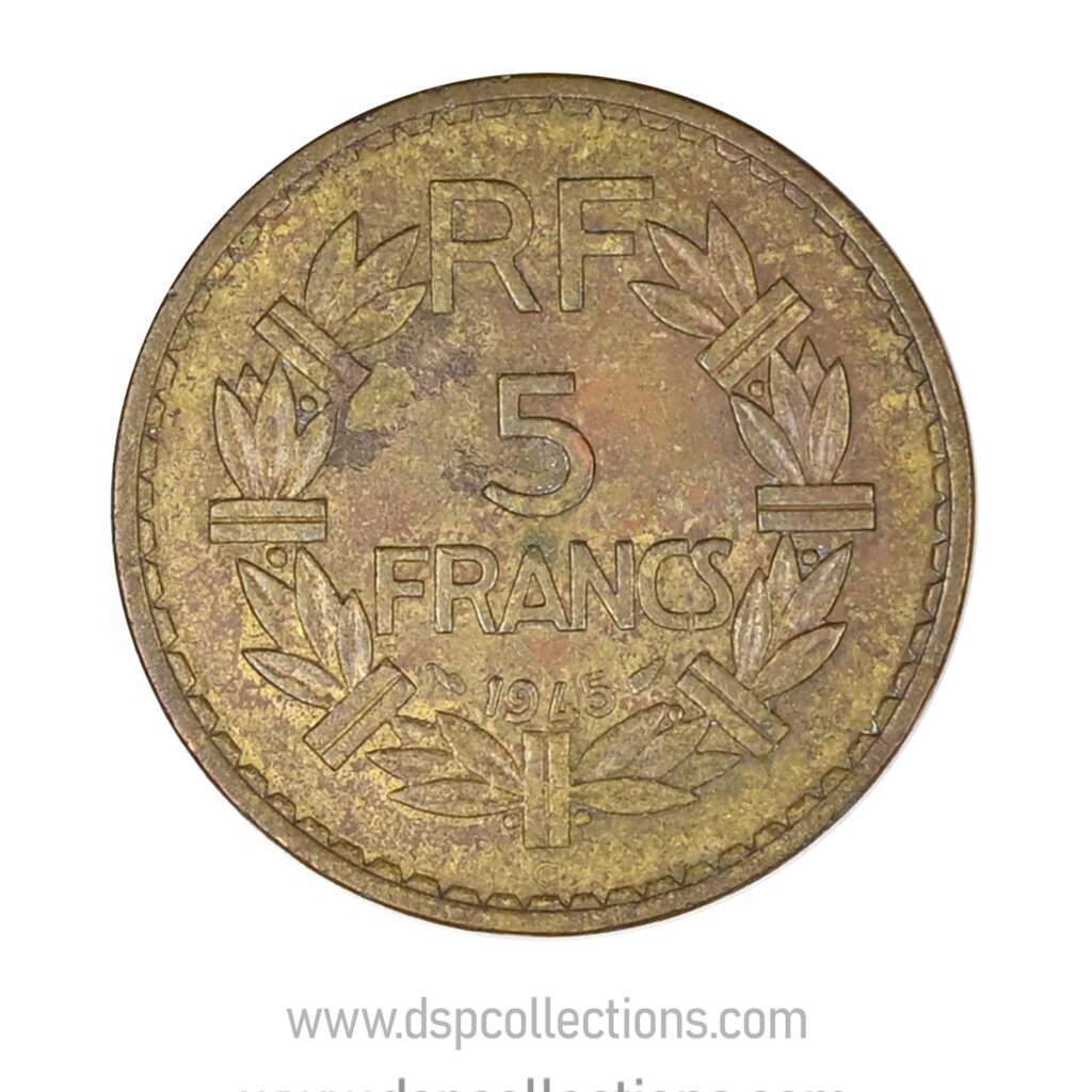 FRANCE, pièce de 5 Francs 1945, Lavrillier Bronze-Aluminium