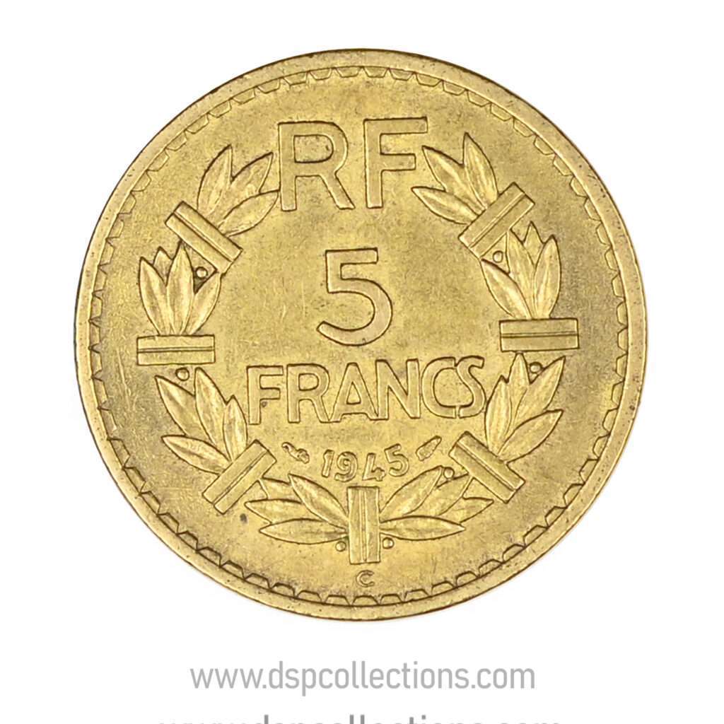 FRANCE, pièce de 5 Francs 1945 C, Lavrillier Bronze-Aluminium