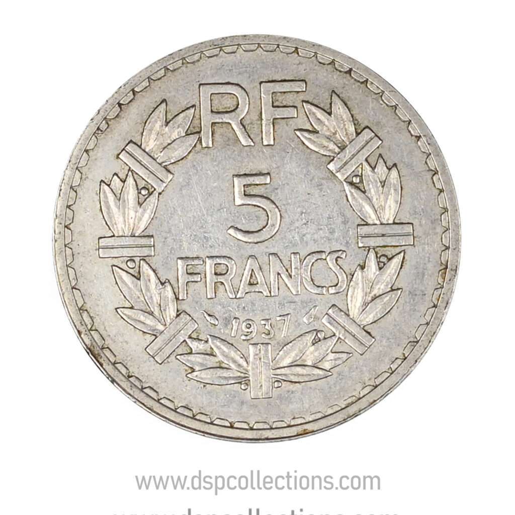 FRANCE, pièce de 5 Francs 1937, Lavrillier Nickel