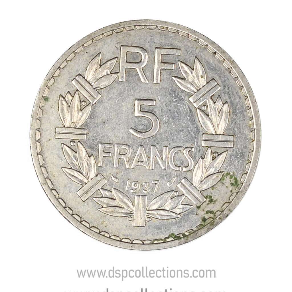 FRANCE, pièce de 5 Francs 1937, Lavrillier Nickel