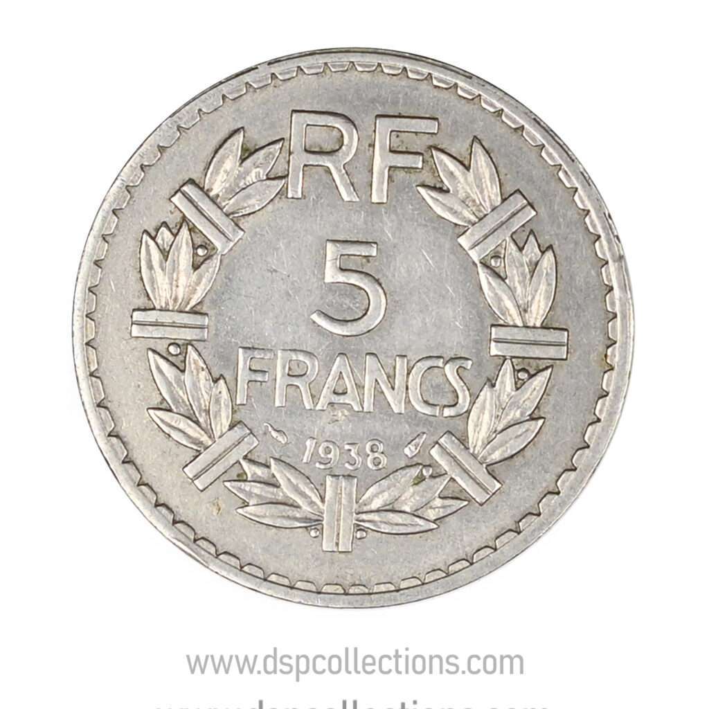 FRANCE, pièce de 5 Francs 1938, Lavrillier Nickel