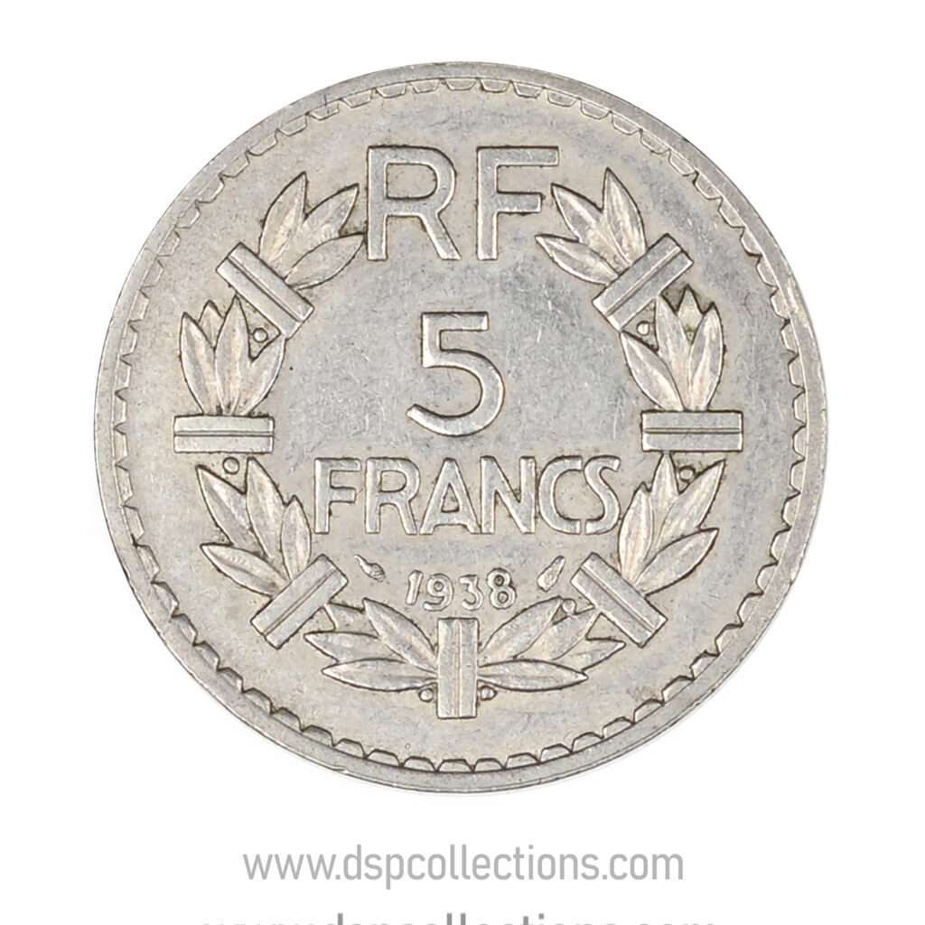 FRANCE, pièce de 5 Francs 1938, Lavrillier Nickel