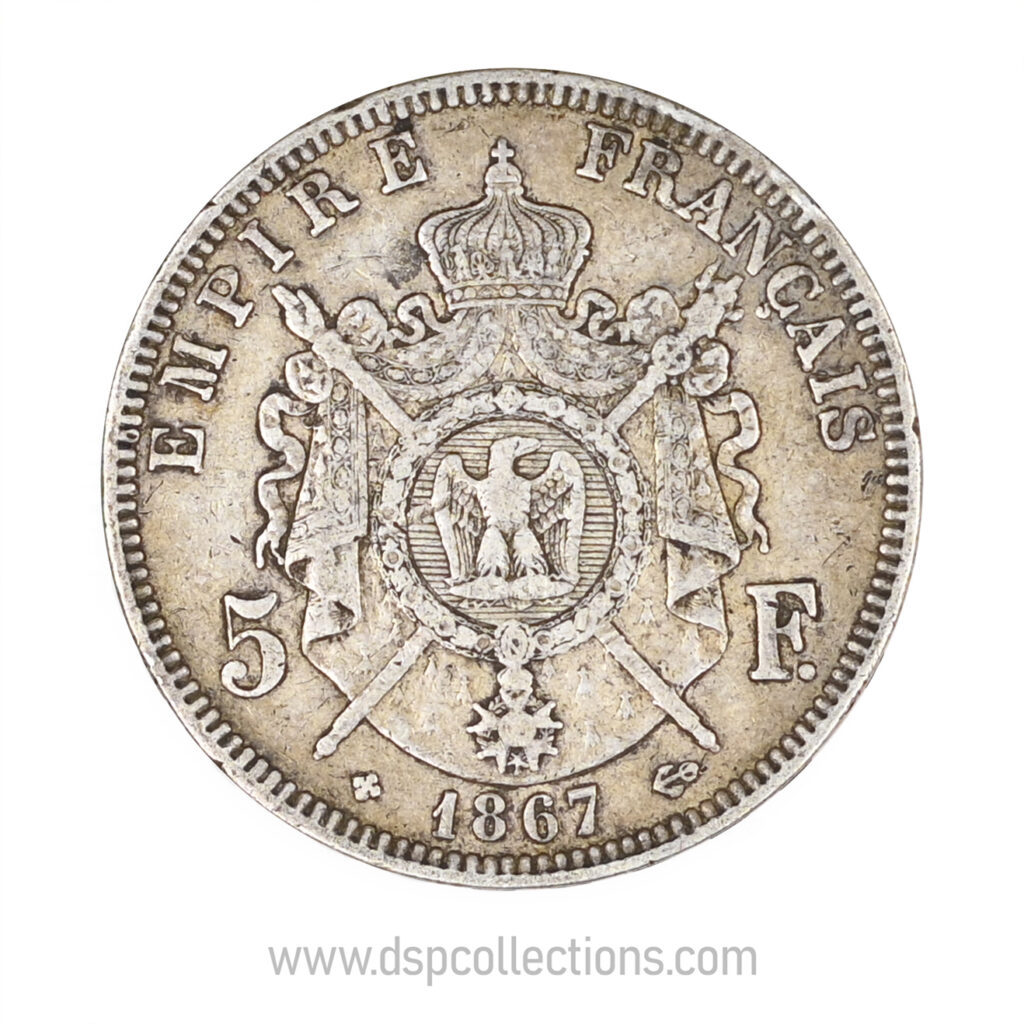 FRANCE, pièce de 5 Francs Napoléon III, 1867 BB / Strasbourg