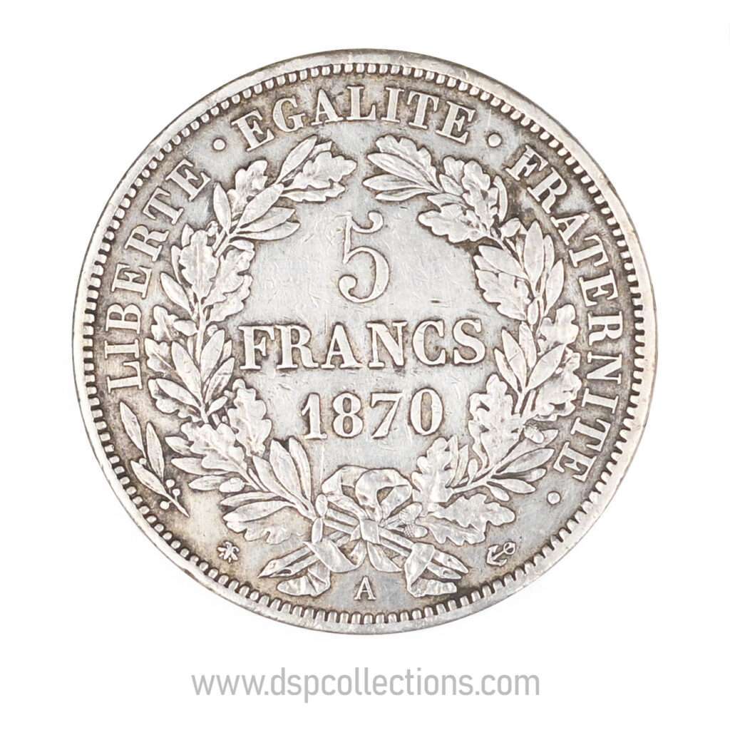 FRANCE, pièce de 5 Francs Cérès, 1870 A / Paris