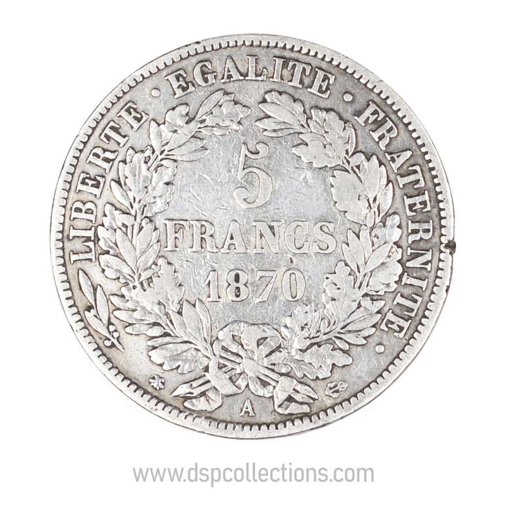 FRANCE, pièce de 5 Francs Cérès, 1870 A / Paris