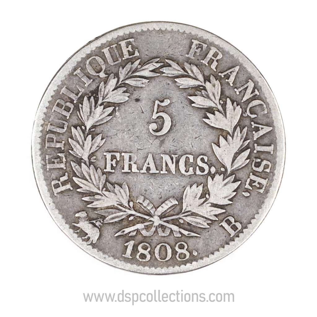 FRANCE, pièce de 5 Francs Napoléon Ier, 1808 B / Rouen