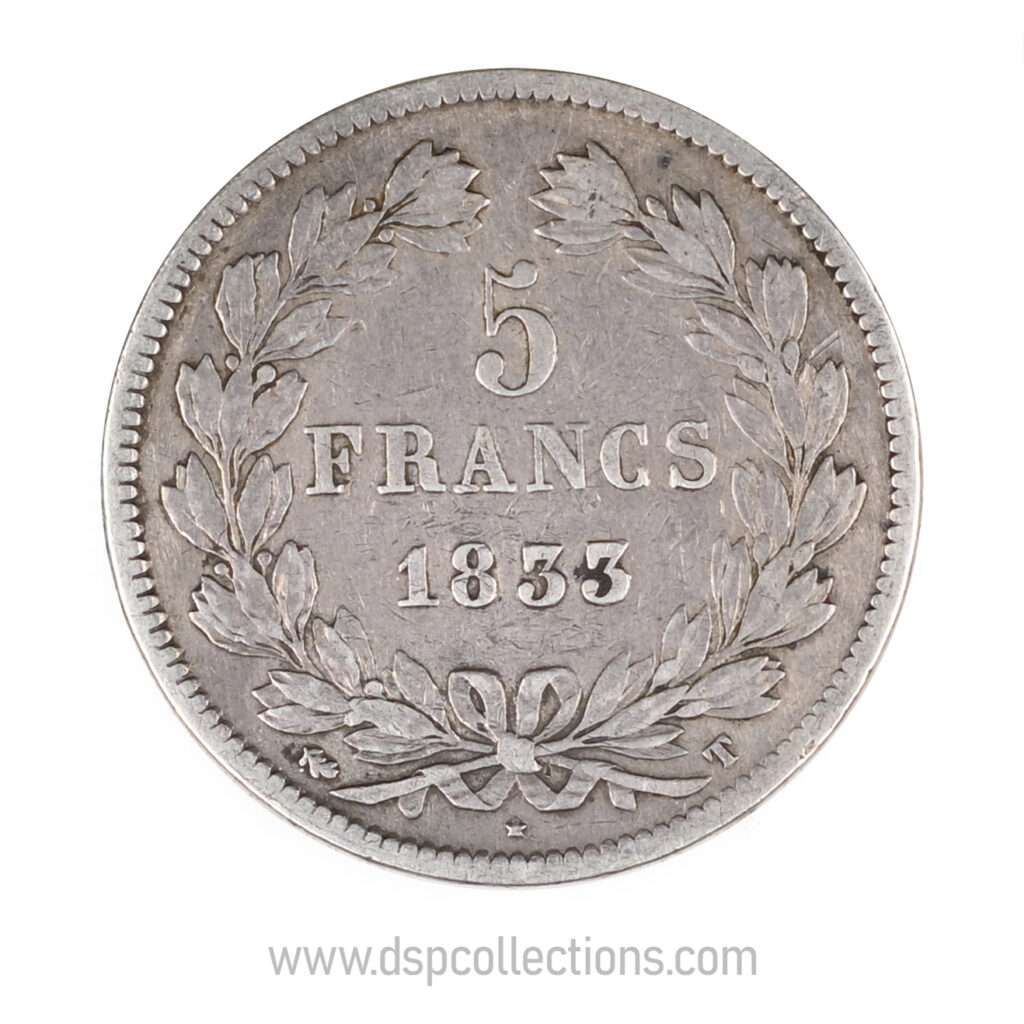 FRANCE, pièce de 5 Francs Louis Philippe Ier, 1833 T / Nantes