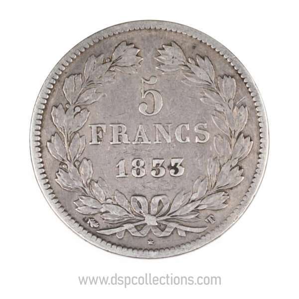 FRANCE, pièce de 5 Francs Louis Philippe Ier, 1833 T / Nantes