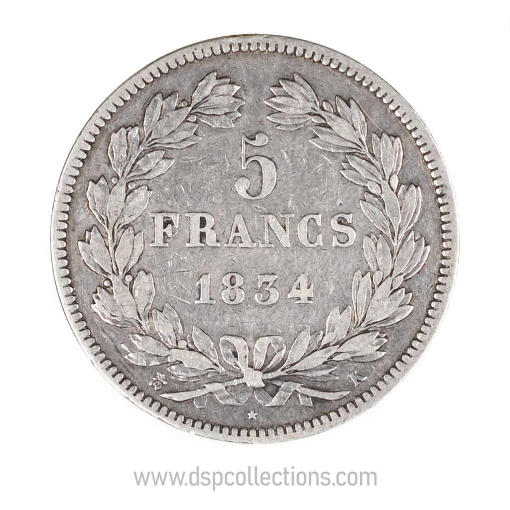 FRANCE, pièce de 5 Francs Louis Philippe Ier, 1834 K / Bordeaux