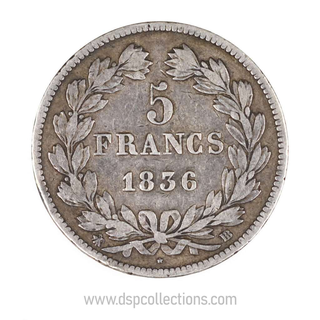 FRANCE, pièce de 5 Francs Louis Philippe Ier, 1836 BB / Strasbourg