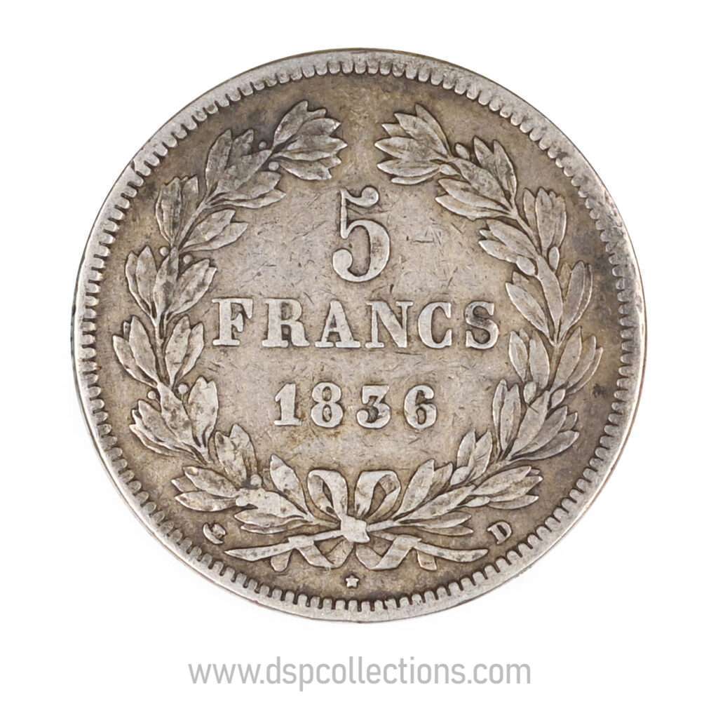 FRANCE, pièce de 5 Francs Louis Philippe Ier, 1836 D / Lyon