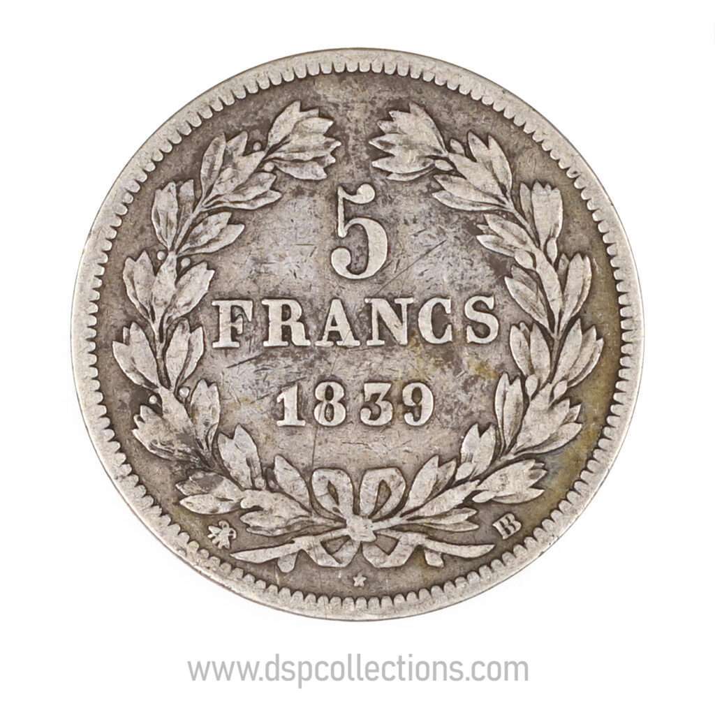 FRANCE, pièce de 5 Francs Louis Philippe Ier, 1839 BB / Strasbourg