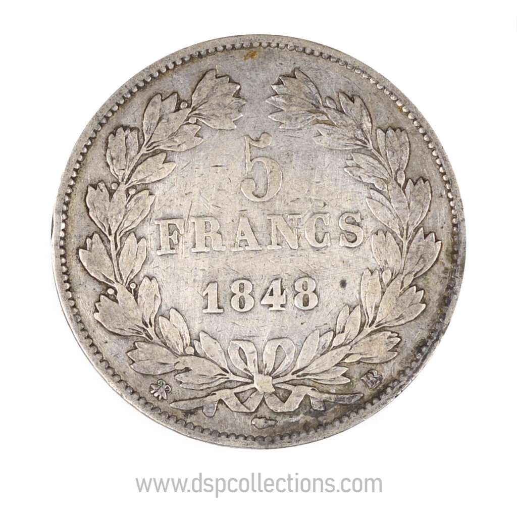 FRANCE, pièce de 5 Francs Louis Philippe Ier, 1848 BB / Strasbourg