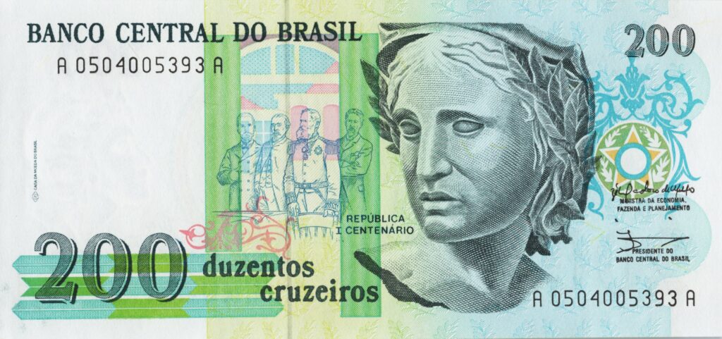 BRÉSIL billet de 200 Cruzeiros, Effigie de la République ND (1990)