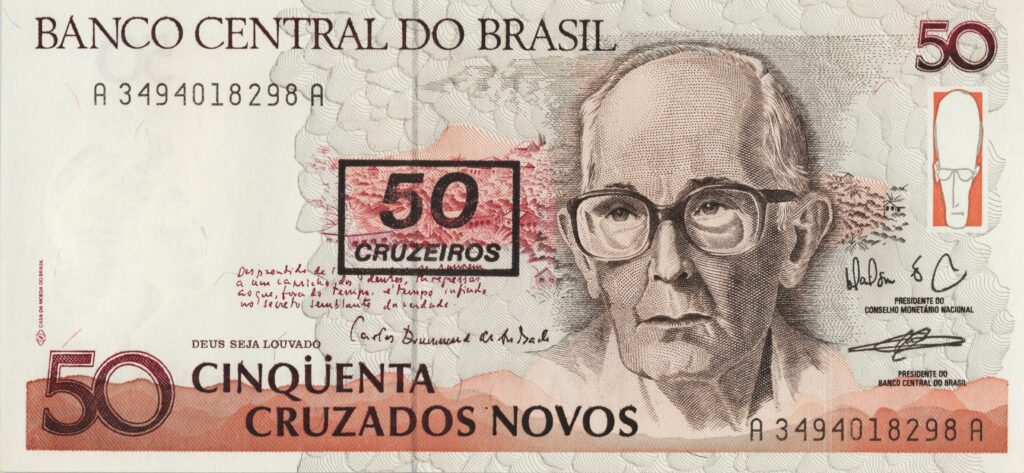 BRÉSIL billet de 50 Cruzados novos, Carlos Drummond de Andrade ND (1989 & 1990)