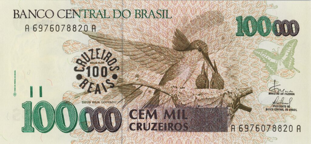 BRÉSIL billet de 100 Cruzeiros Reais, Colibri ND (1993)