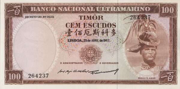 TIMOR billet colonie portugaise de 100 Escudos 25-04-1963, Régulo D. Aleixo