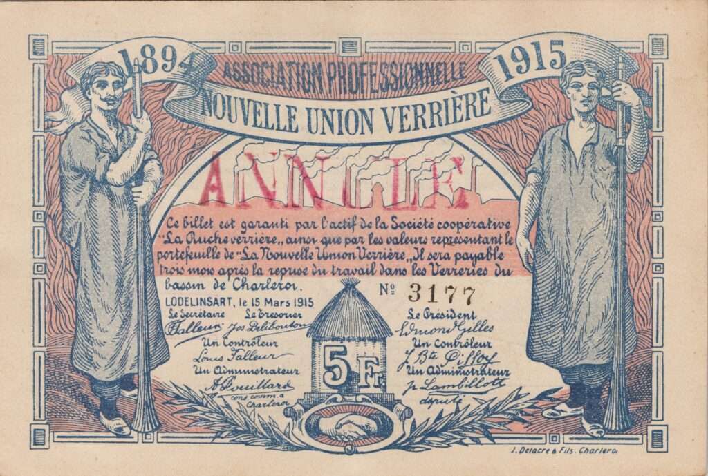 Belgique billet de 5 Francs, Nouvelle union verrière, 1915,  annulé